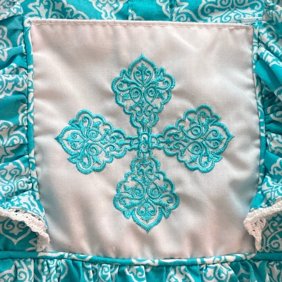 Smocked Sweets 2T Bubble Romper Turquoise Blue White Embroidered Cross - Picture 6 of 11